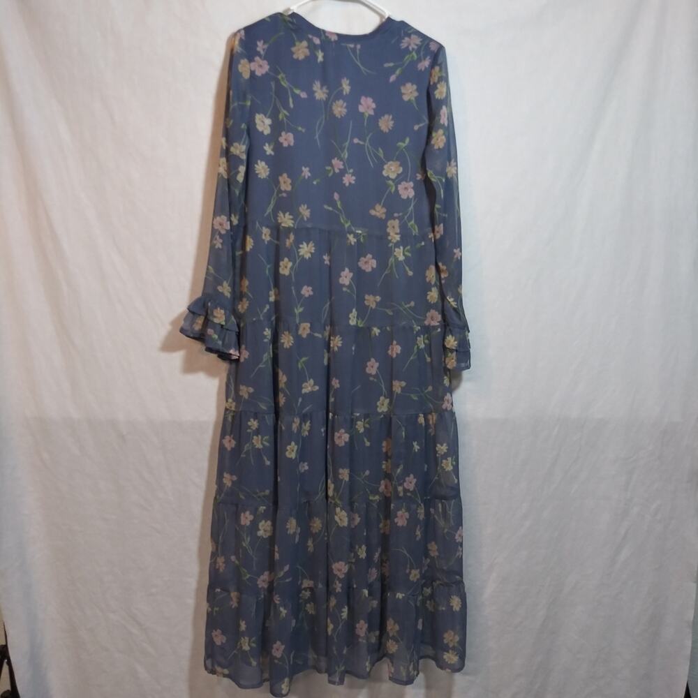 Patrons of Peace Blue Floral Bishop Sleeve Midi Semi Sheer Size M - Picture 7 of 7